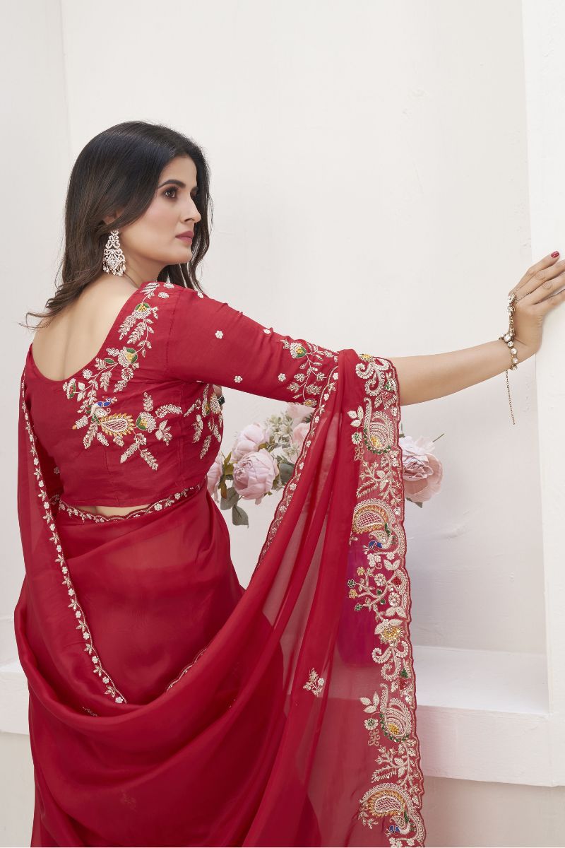 Red H.O Silk Zardosi Work Unstiched Partywear Saree